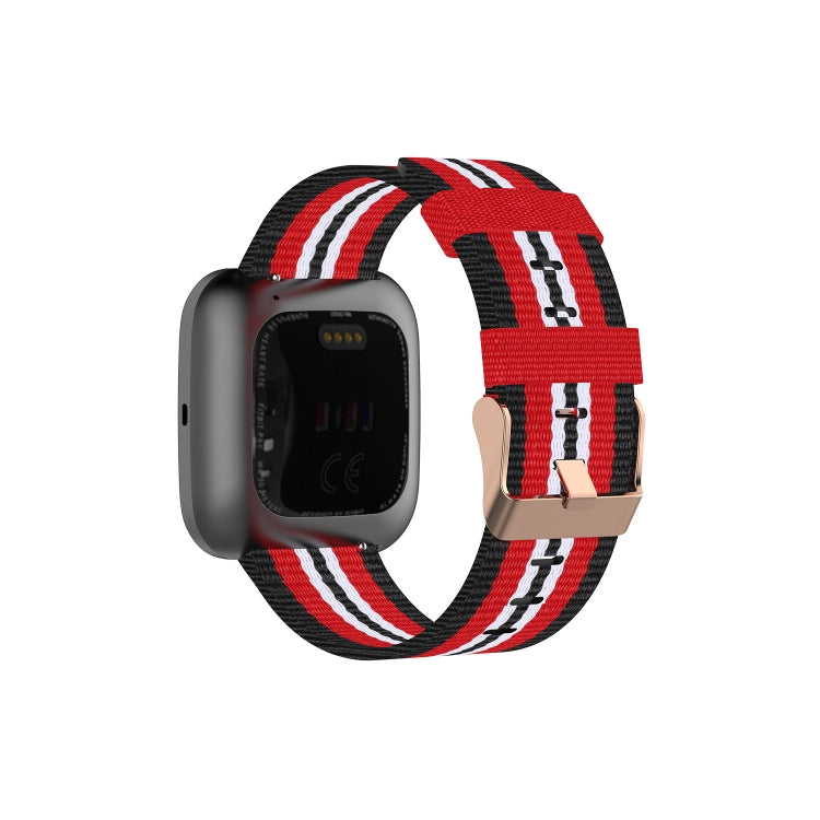Canvas watch strap in black with red and white stripe pattern and metal clasp