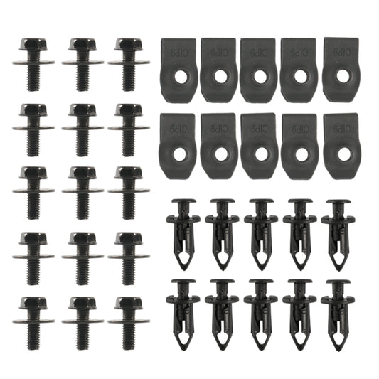 Car bumper fixing kit with black plastic clips and metal screws, multiple pieces