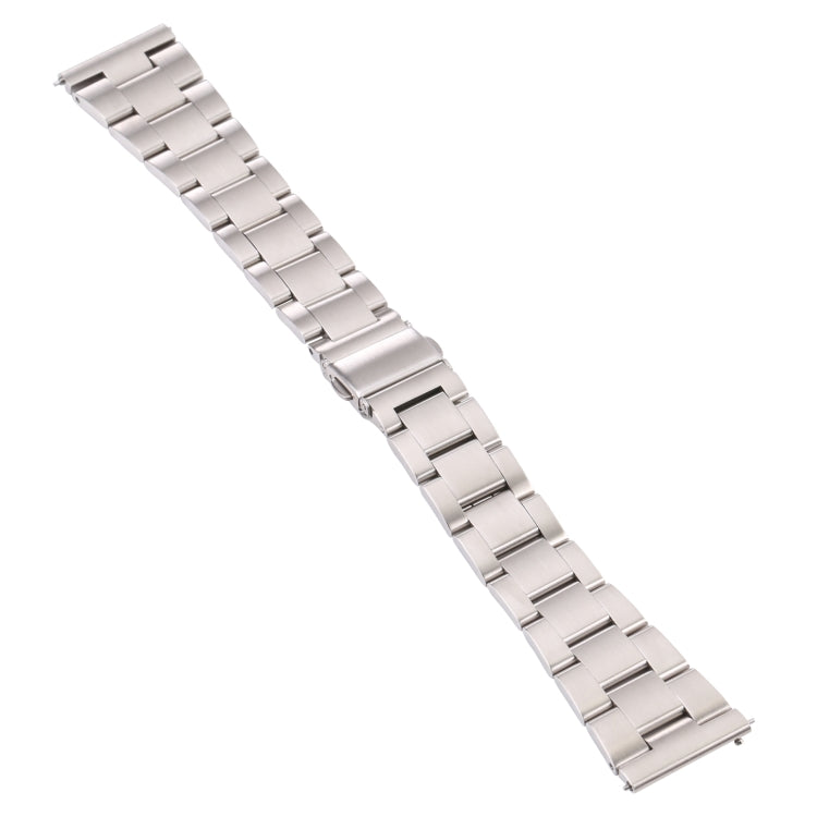 22mm three-bead steel watch band, silver-tone, side view of interlocking links