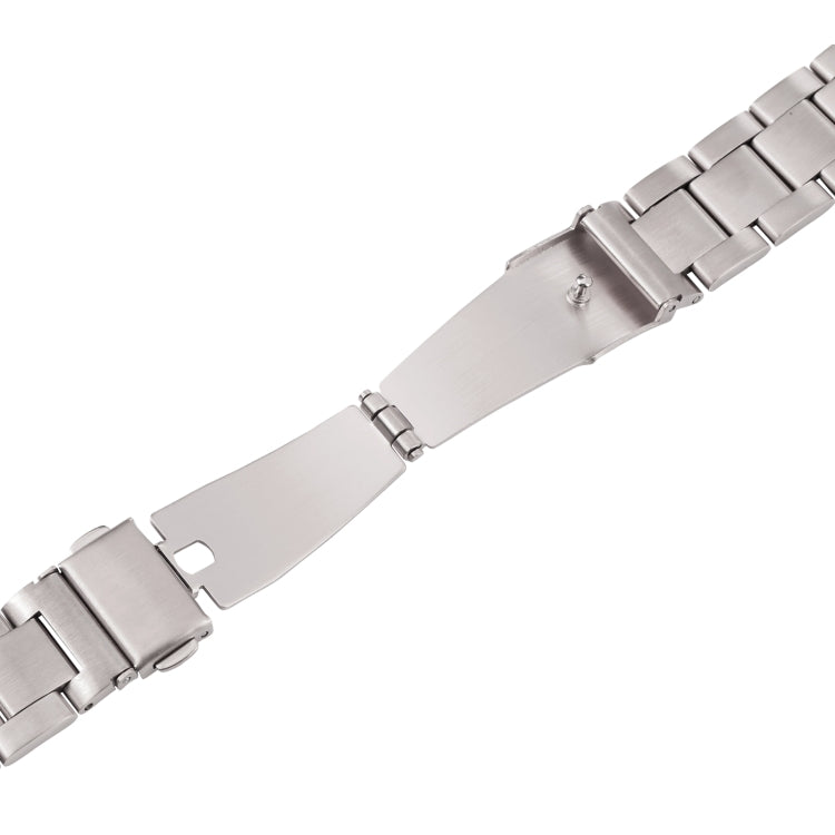 22mm three-bead steel watch band, silver-tone, close-up of clasp and link joints