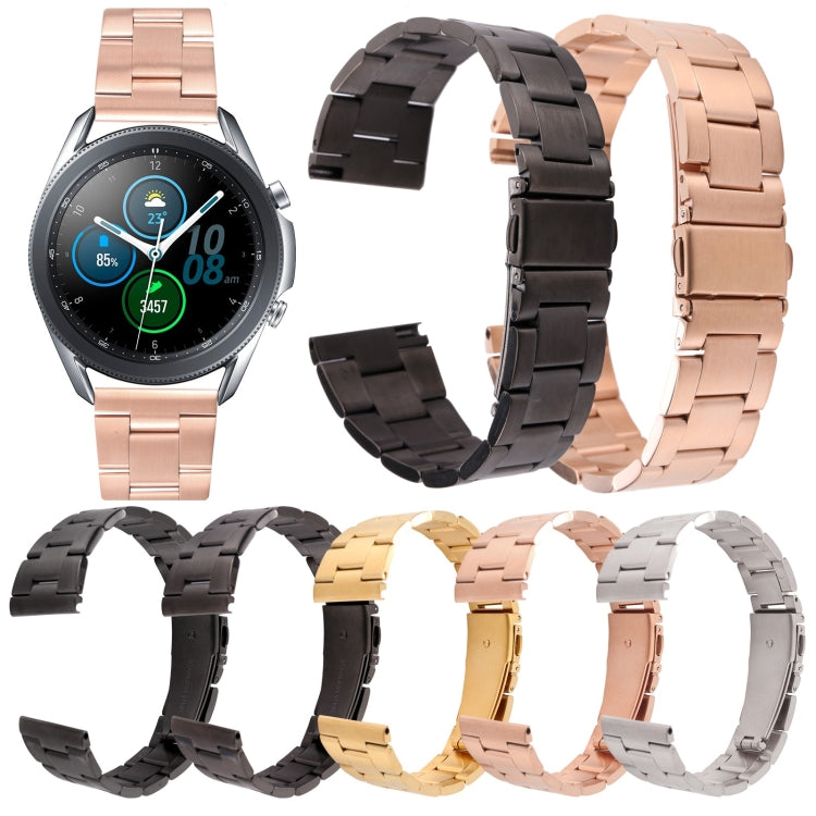 Three-bead steel watch band, rose gold and black metal links with clasp