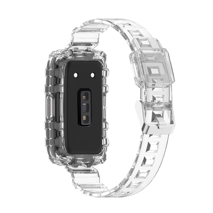 Transparent silicone watch band, clear white, with compatible watch case outline for Huawei Band 7.