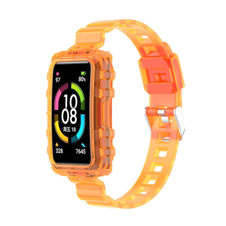 Transparent silicone watch band with integrated links, orange for Huawei Band 7.