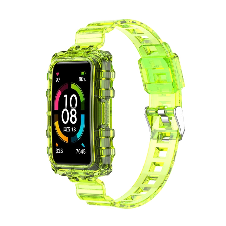 Transparent silicone watch band with integrated links, bright green for Huawei Band 7.