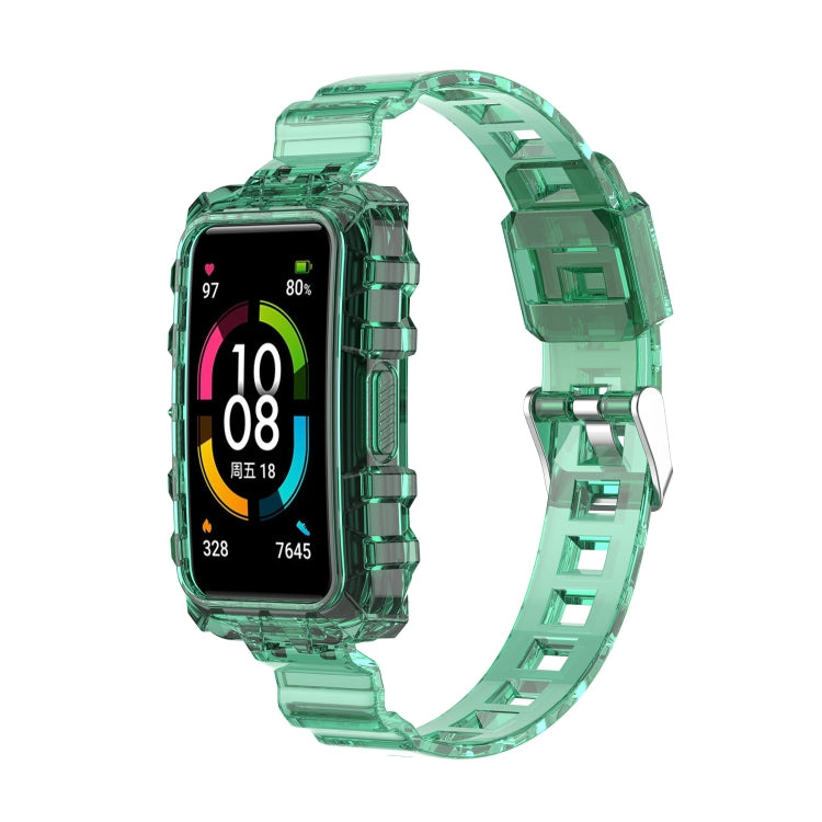 Transparent silicone watch band with integrated links, teal green for Huawei Band 7.