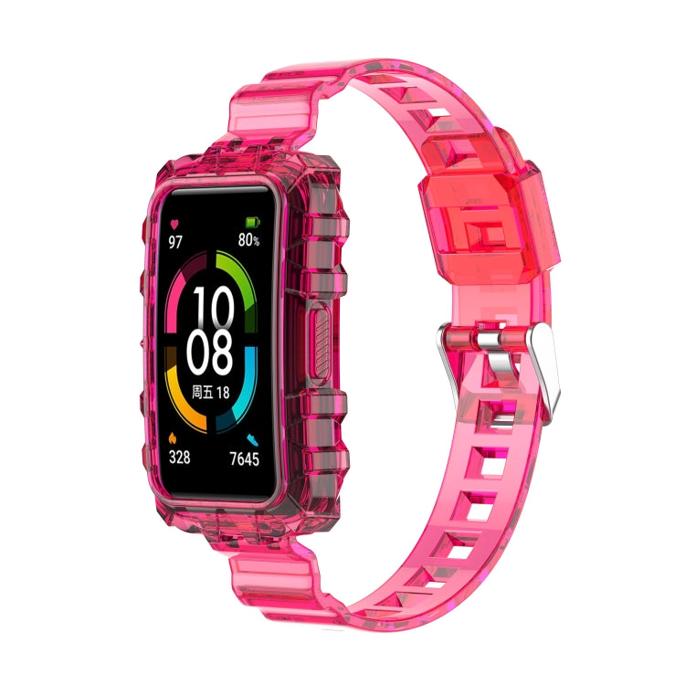 Transparent silicone watch band with integrated links, pink red for Huawei Band 7.