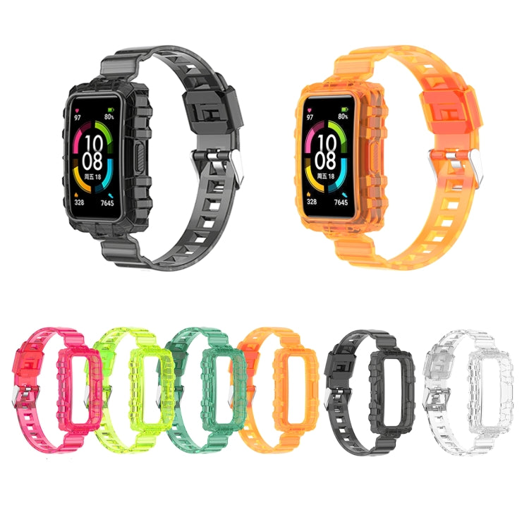 Set of transparent silicone watch bands for Huawei Band 7 in black, white, orange, pink, and green.