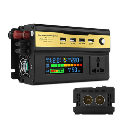 Car inverter with digital display, black and yellow panel, input/output ports, cooling fan side.