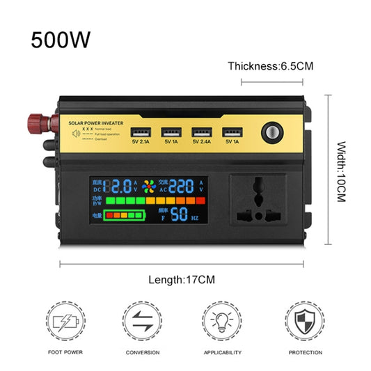 Car smart inverter front with LCD display and size diagram showing 500W, length 17cm.