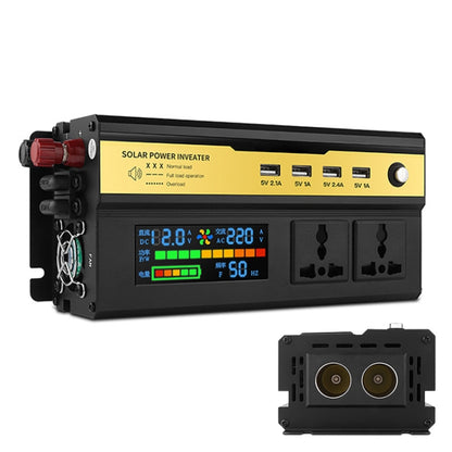 Solar power inverter with digital screen, AC outlets, and cooling fan ports on black body