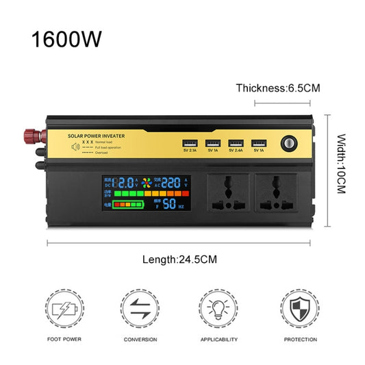 1600W power inverter diagram with front panel display and outlet layout