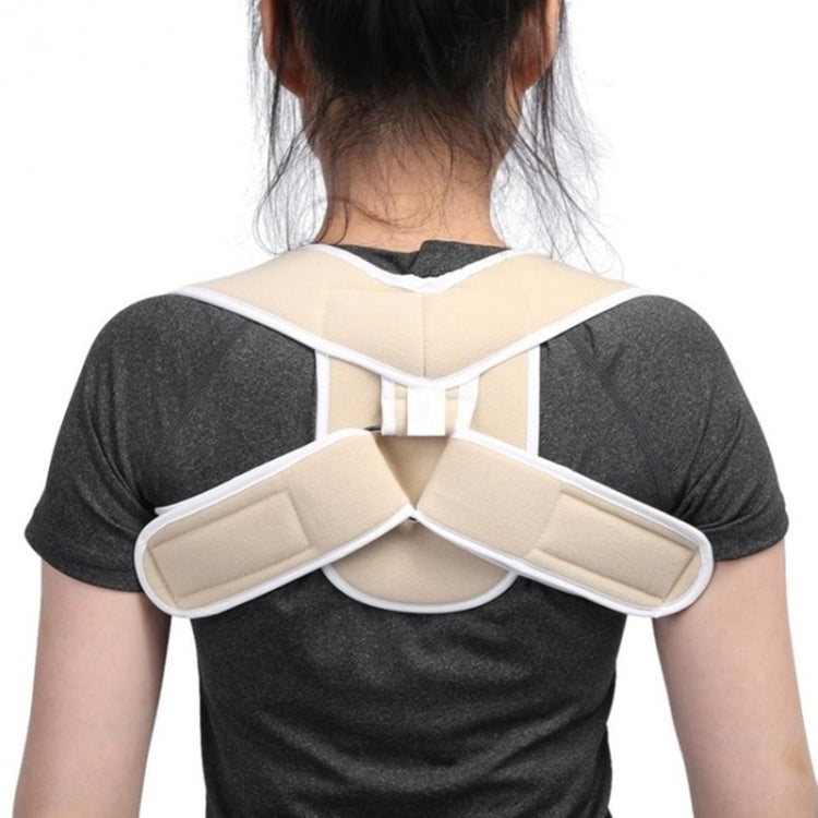 Children’s posture corrector clavicle strap with beige pads and white trim, back view