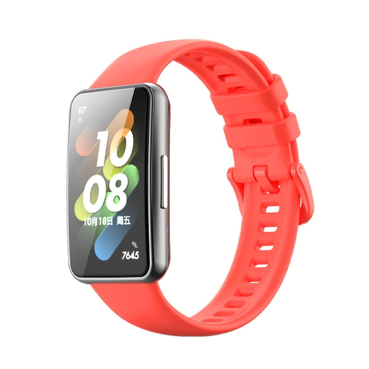 Orange-red silicone watch band with adjustable clasp and perforated strap holes