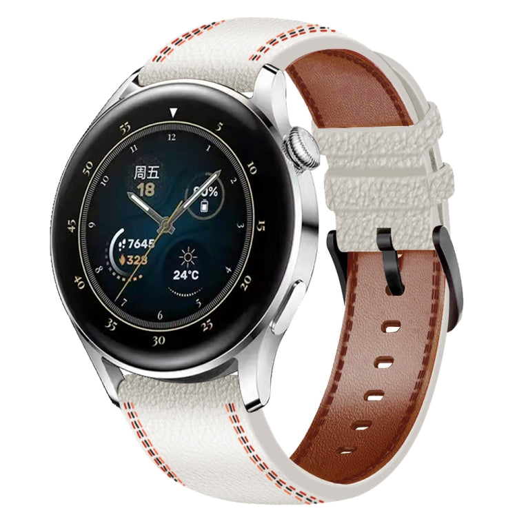 Genuine leather watch band, white with brown lining, red-and-white stitched edges and holes