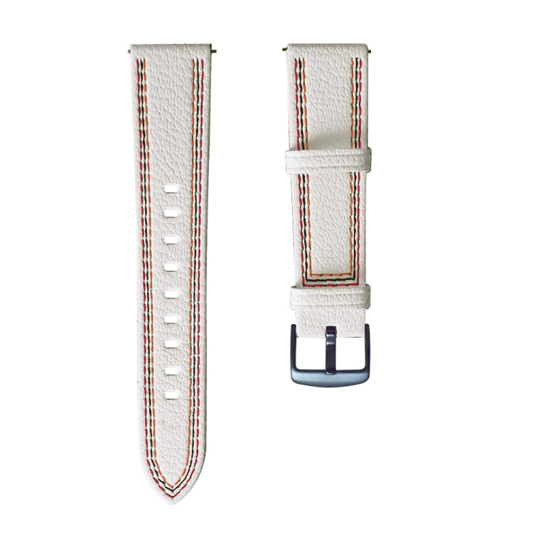 White leather watch strap with buckle, red stitching on edges and center row of punched holes