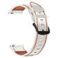 White leather watch band with brown inner, red-and-white triple stitching, punched hole detail