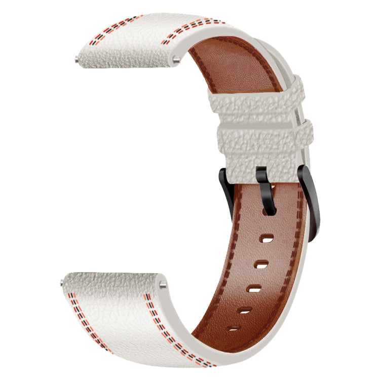 White leather watch band with brown underside, red stitching along edges, metal buckle view