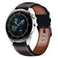 Genuine leather watch band, black top with brown lining, red-and-white stitched trim and holes