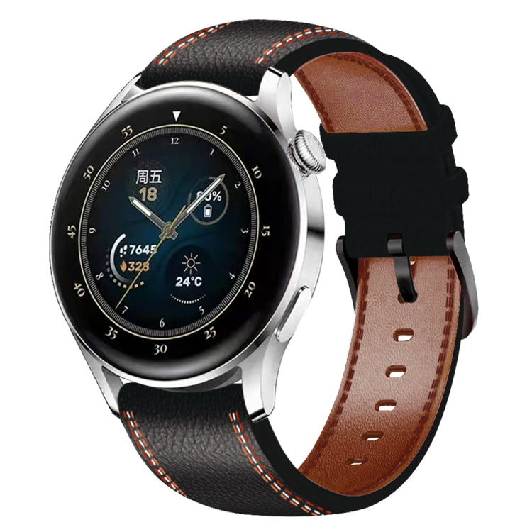 Genuine leather watch band, black top with brown lining, red-and-white stitched trim and holes