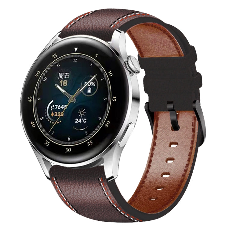 Genuine leather watch band, dark brown top with brown lining, red-and-white stitched trim and holes