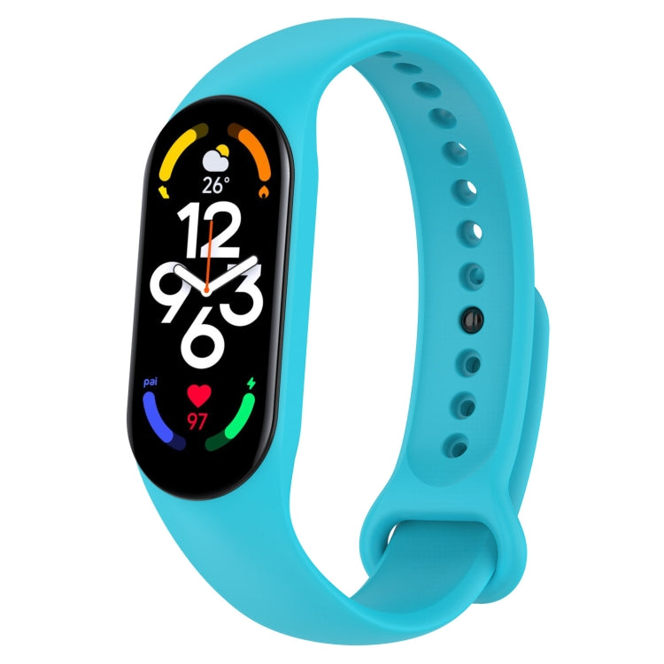 Light blue silicone fitness watch band with perforated strap and oval display