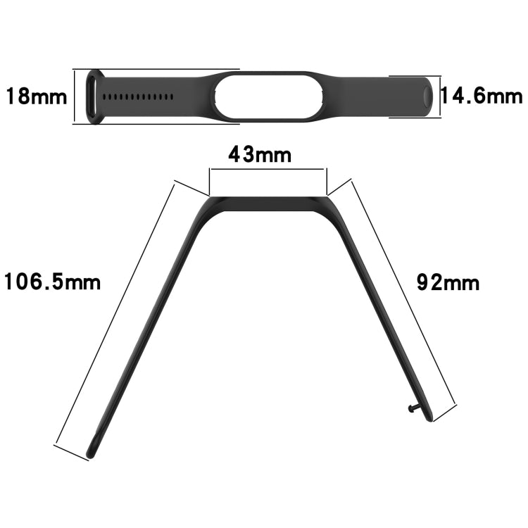 Black silicone smartwatch band with adjustable strap and clasp (size diagram)