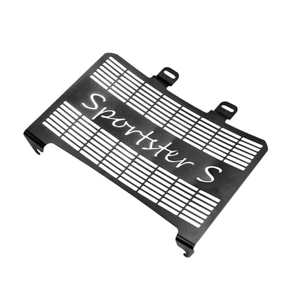 Black motorcycle radiator grille guard with slotted mesh and mounting brackets