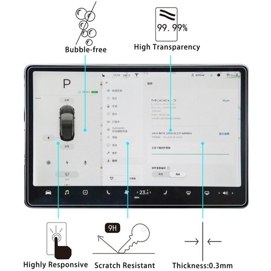 Tempered tablet glass screen protector film showing bubble-free and high-transparency claims