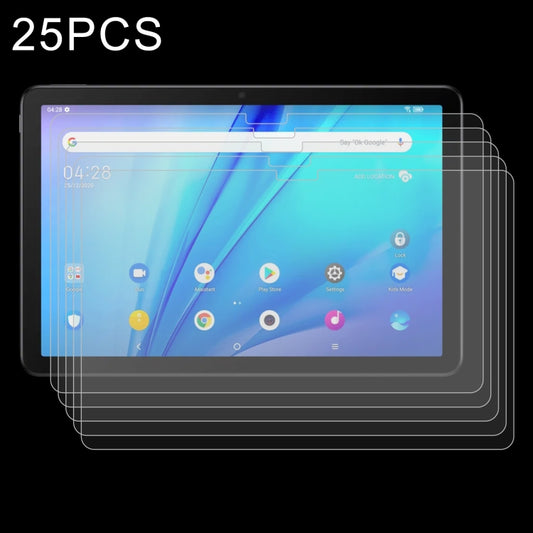 Tablet screen protector set, clear 2.5D tempered glass film layers, 25 pack