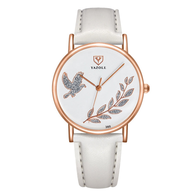 YAZOLE leather band watch with dove motif, white strap, white dial, rose-gold case