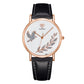 YAZOLE leather band watch with dove motif, black strap, white dial, rose-gold case
