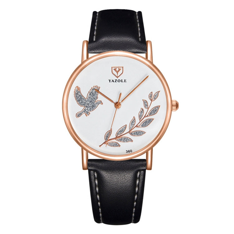 YAZOLE leather band watch with dove motif, black strap, white dial, rose-gold case
