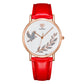 YAZOLE leather band watch with dove motif, red strap, white dial, rose-gold case