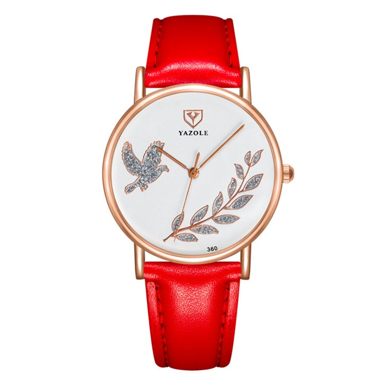 YAZOLE leather band watch with dove motif, red strap, white dial, rose-gold case