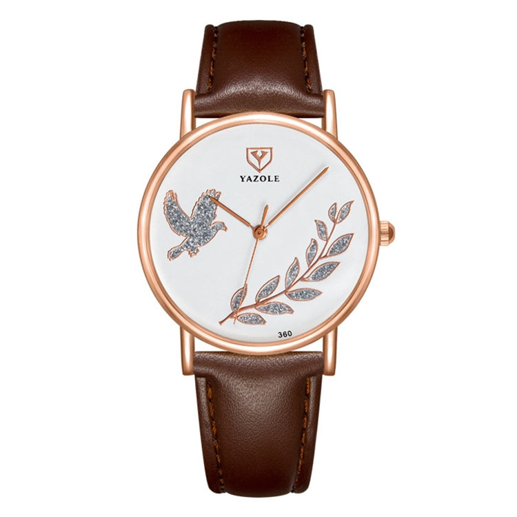 YAZOLE leather band watch with dove motif, brown strap, white dial, rose-gold case