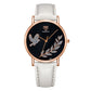 YAZOLE leather band watch with dove motif, white strap, black dial, rose-gold case