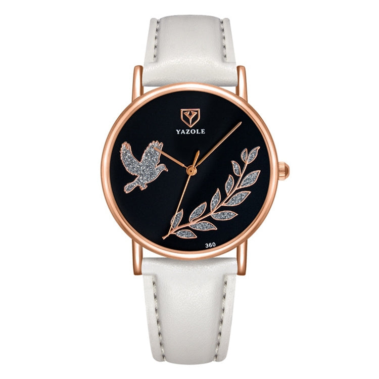 YAZOLE leather band watch with dove motif, white strap, black dial, rose-gold case