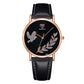 YAZOLE leather band watch with dove motif, black strap, black dial, rose-gold case