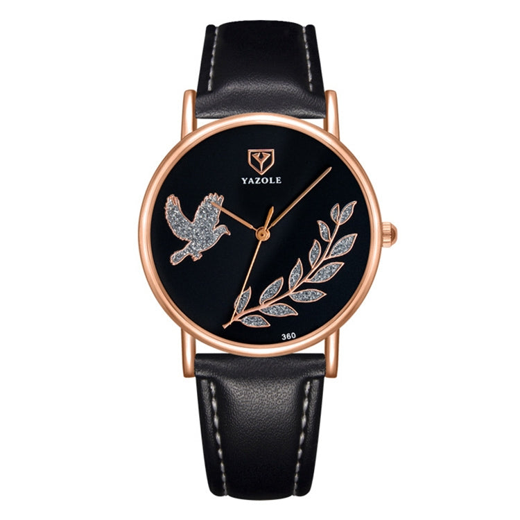 YAZOLE leather band watch with dove motif, black strap, black dial, rose-gold case