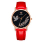 YAZOLE leather band watch with dove motif, red strap, black dial, rose-gold case