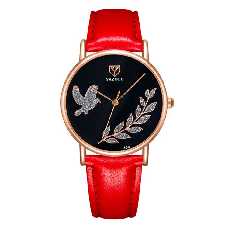 YAZOLE leather band watch with dove motif, red strap, black dial, rose-gold case