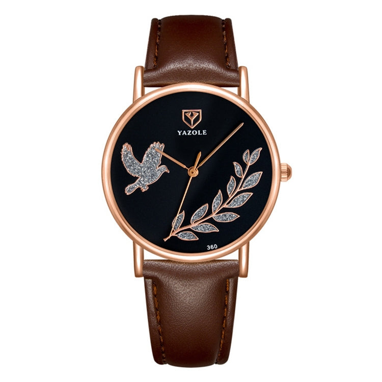 YAZOLE leather band watch with dove motif, brown strap, black dial, rose-gold case