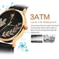 YAZOLE dove motif leather band watch, black strap, black dial, rose-gold case close-up