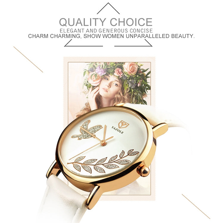 Round quartz wristwatch with white leather band, gold case, dove and diamond motif dial
