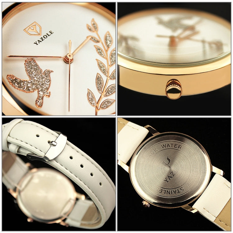 Close-up of round wristwatch: gold dove/leaf dial, crown detail, white leather strap