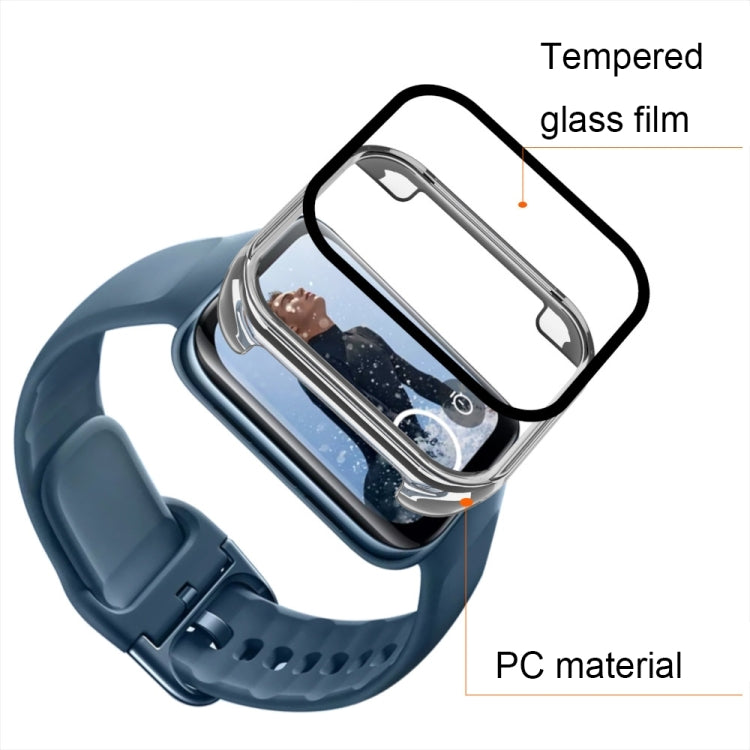 Blue smartwatch with clear tempered glass case on top, screen protected