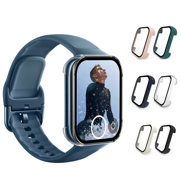 Blue smartwatch with clear tempered glass case plus extra case colors