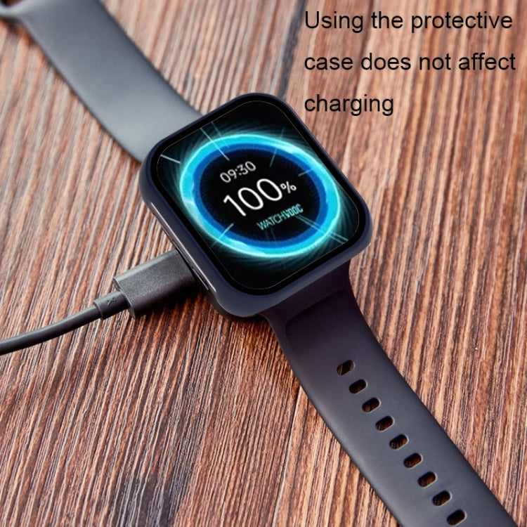 Black tempered glass protective case on a smartwatch with charging port cutout
