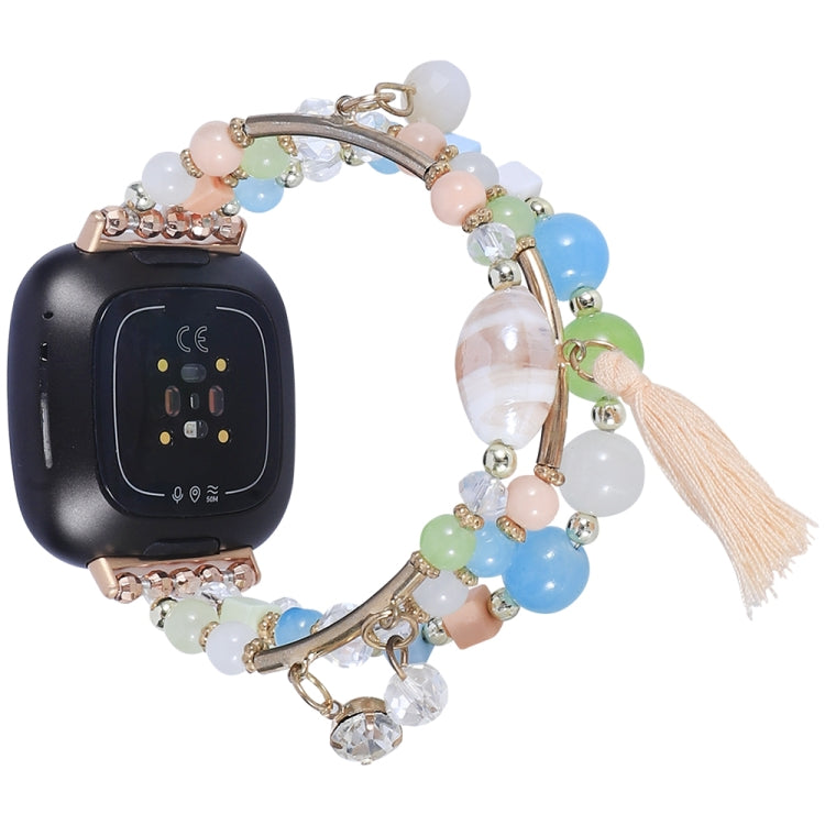 Bead chain watch band with pastel beads, clear crystals, gold links, tassel charm