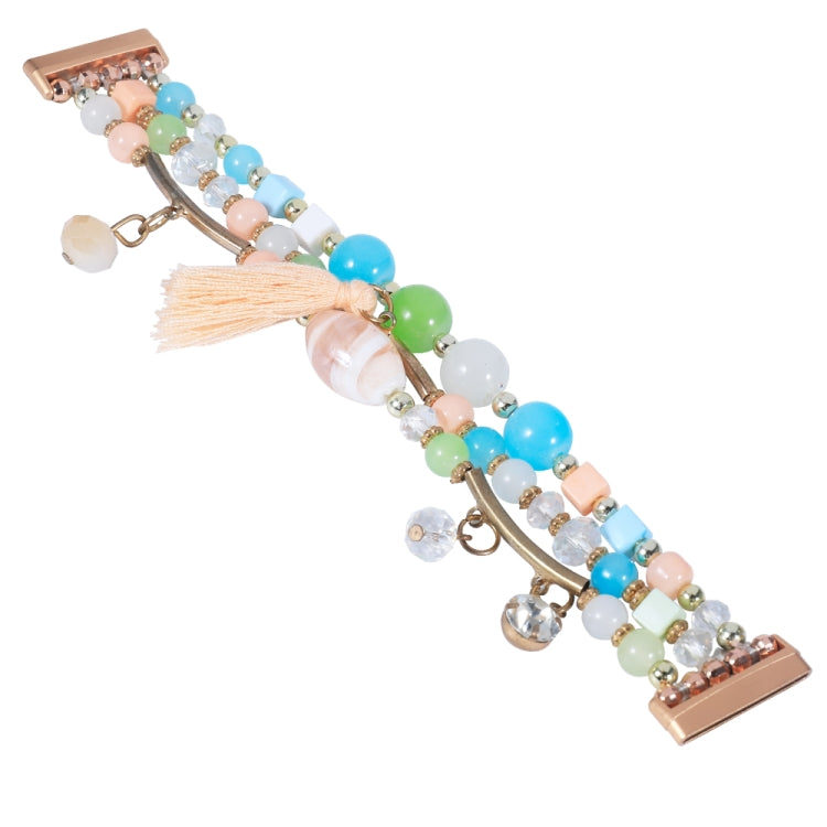 Bead chain watch band with pastel beads and crystals, gold links, tassel charm